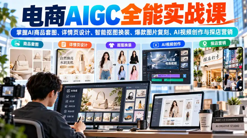 电商AIGC全能实战课:掌握AI商品套图、详情页设计、智能抠图换装、爆款图片复刻、AI视频创作与探店营销-来缘阁