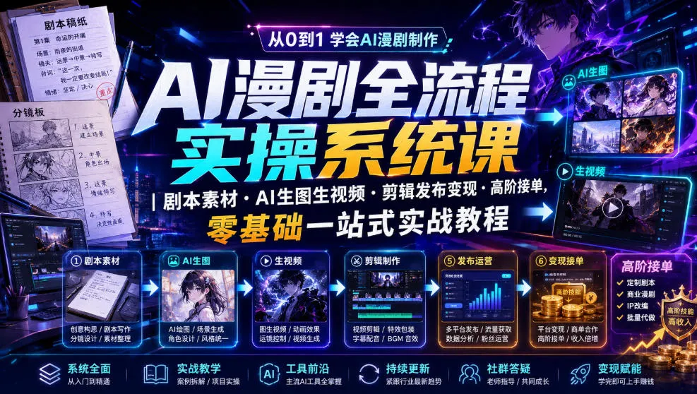AI漫剧全流程实操系统课｜剧本素材・AI生图生视频・剪辑发布变现・高阶接单，零基础一站式实战教程-来缘阁