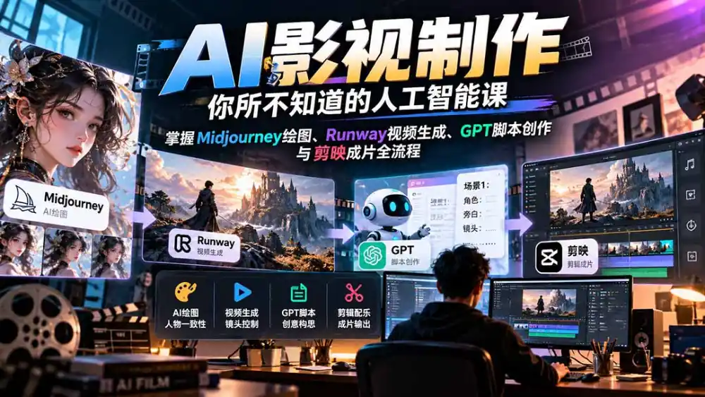 【无水印】AI影视制作-你所不知道的人工智能课,掌握Midjourney绘图、Runway视频生成、GPT脚本创作与剪映成片全流程-来缘阁