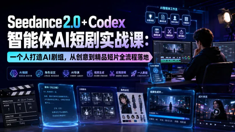 Seedance2.0+Codex智能体AI短剧实战课：一个人打造AI剧组，从创意到精品短片全流程-来缘阁