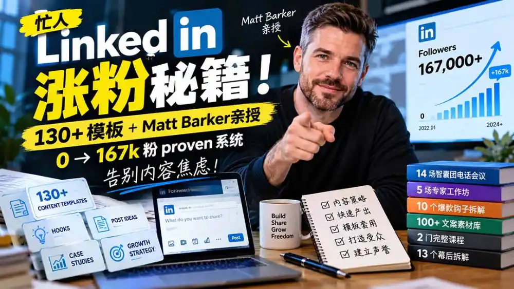 【无水印】忙人LinkedI 涨粉秘籍！130+模板+Matt Barker亲授：0→167k粉proven系统，告别内容焦虑【原创双语字幕】-来缘阁