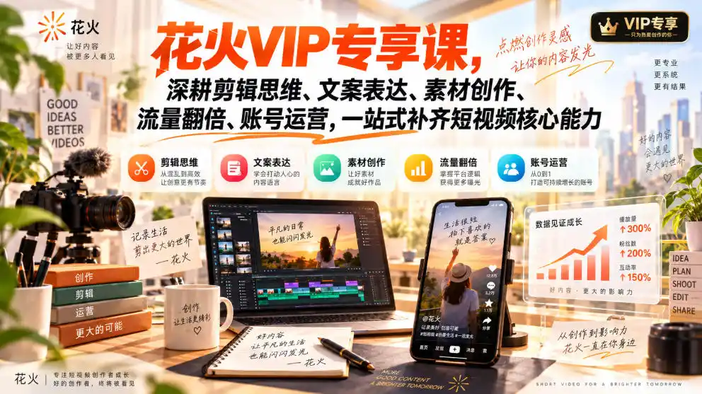 花火VIP专享课，深耕剪辑思维、文案表达、素材创作、流量翻倍、账号运营，一站式补齐短视频核心能力-来缘阁