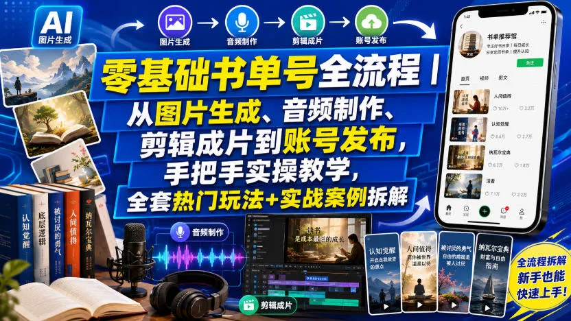 零基础书单号全流程｜从图片生成、音频制作、剪辑成片到账号发布，手把手实操教学，全套热门玩法+实战案例拆解-来缘阁