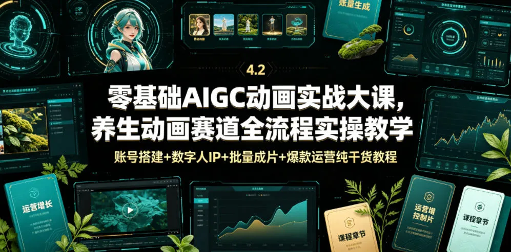 零基础AIGC动画实战大课，养生动画赛道全流程实操教学，账号搭建+数字人IP+批量成片+爆款运营纯干货教程-来缘阁