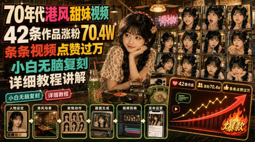 70年代港风甜妹视频,42条作品涨粉70.4W,条条视频点赞过万,小白无脑复刻,详细教程讲解-来缘阁