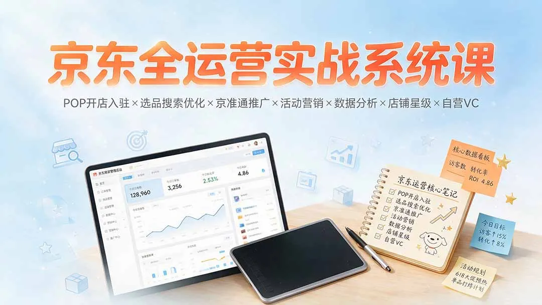 京东全运营实战系统课：POP开店入驻×选品搜索优化×京准通推广×活动营销×数据分析×店铺星级×自营VC-来缘阁