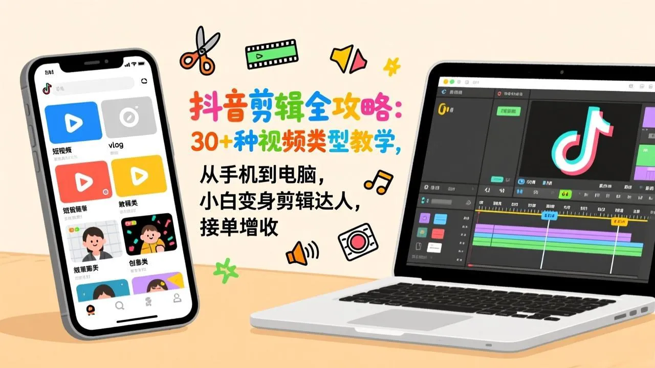 抖音剪辑全攻略:30+种视频类型教学,从手机到电脑,小白变身剪辑达人,接单增收-来缘阁