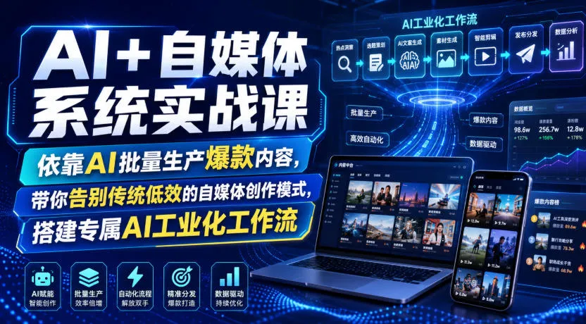 AI+自媒体系统实战课，依靠AI批量生产爆款内容，带你告别传统低效的自媒体创作模式，搭建专属AI工业化工作流-来缘阁