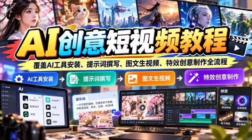 AI创意短视频教程，覆盖AI工具安装、提示词撰写、图文生视频、特效创意制作全流程-来缘阁