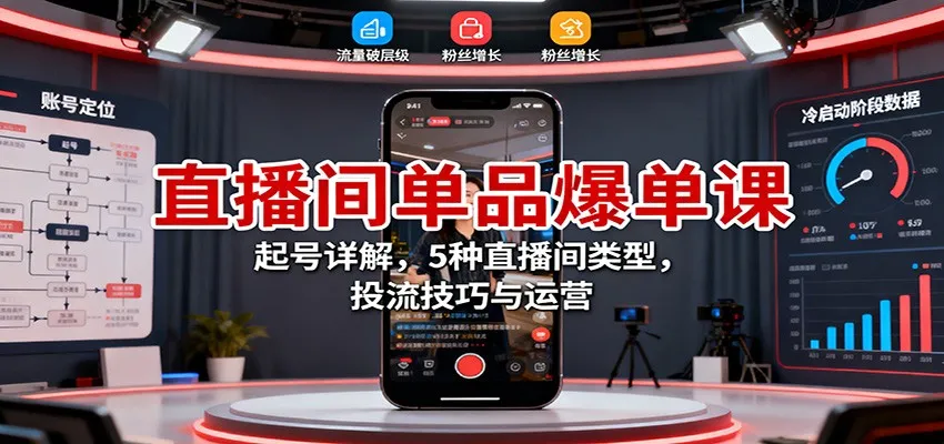直播间单品爆单课：起号详解，5种直播间类型，投流技巧与运营-来缘阁