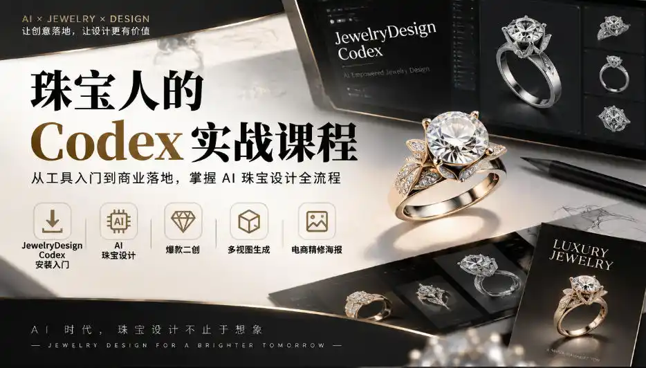 珠宝人的Codex实战课程|JewelryDesign Codex安装入门、AI珠宝设计、爆款二创、多视图生成、电商精修海报全链路教学-来缘阁