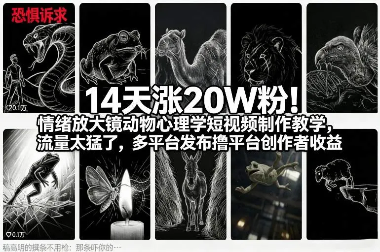 14天涨20W粉！情绪放大镜动物心理学短视频制作教学，流量太猛了，多平台发布撸平台创作者收益-来缘阁