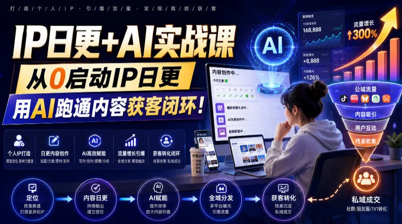 IP日更+AI实战课，从0启动IP日更，IP置顶视频制作+100条选题库搭建+10条日更规划，用AI跑通内容获客闭环!-来缘阁