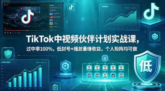TikTok中视频伙伴计划实战课，过中率100%，低封号+播放量賺收益，个人矩阵均可做-来缘阁