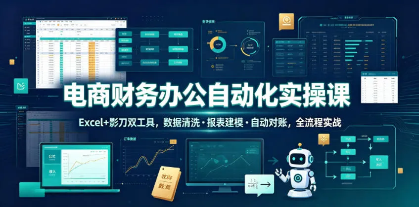 电商财务办公自动化实操课,Excel+影刀双工具,数据清洗・报表建模・自动对账,全流程实战-来缘阁