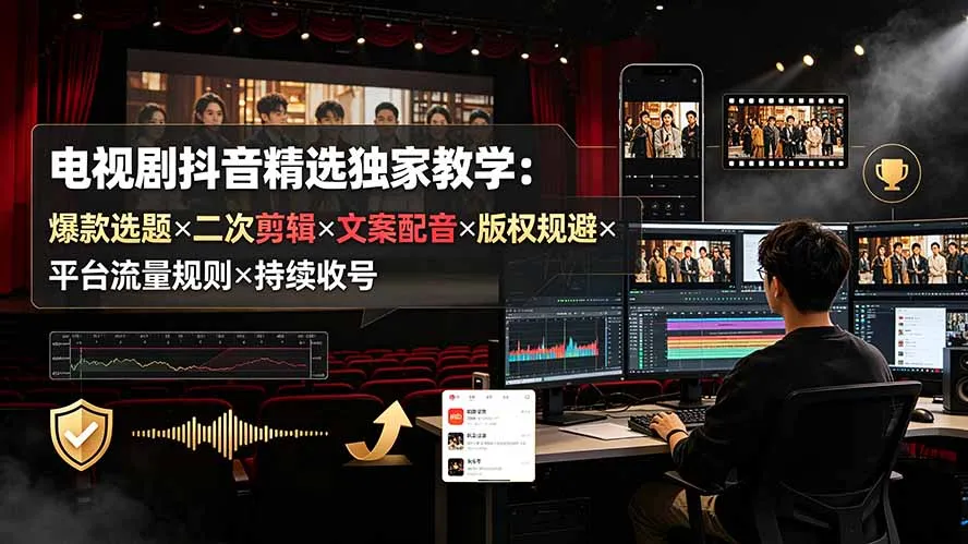 电视剧抖音精选独家教学:爆款选题×二次剪辑×文案配音×版权规避×平台流量规则×持续收益账号-来缘阁