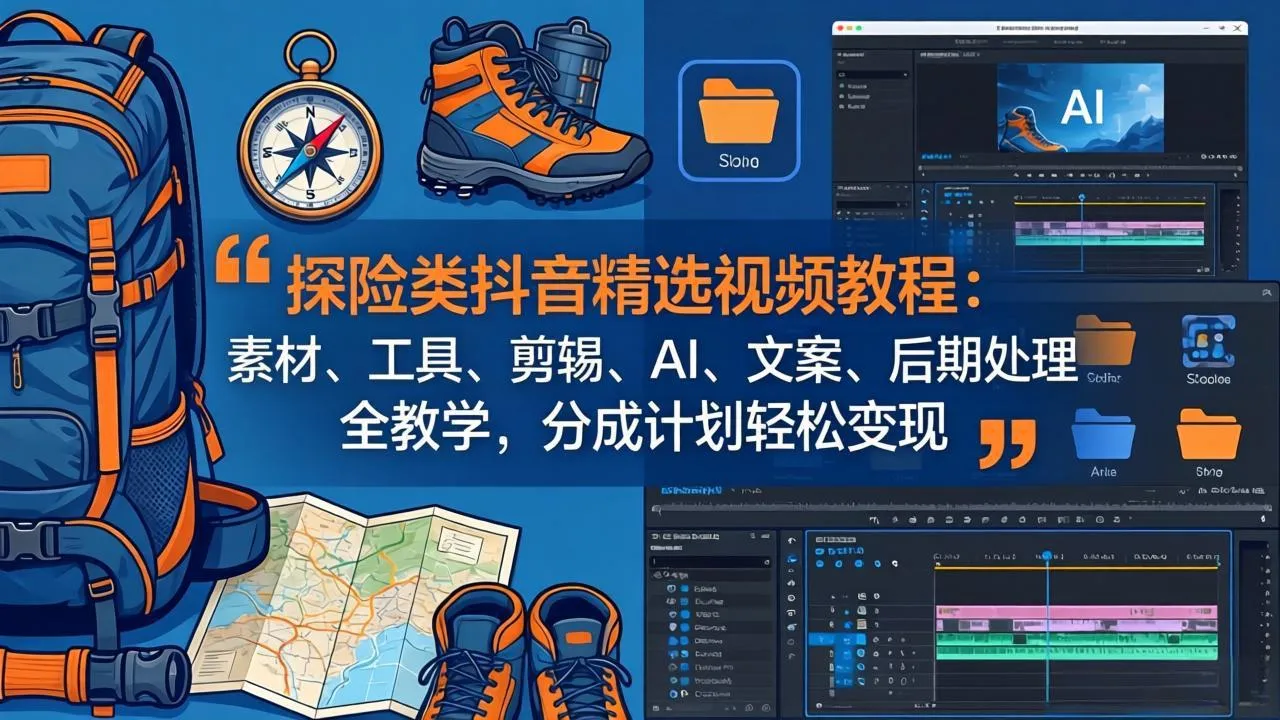 探险类抖音精选视频教程：素材、工具、剪辑、AI、文案、后期处理全教学，分成计划轻松变现-来缘阁