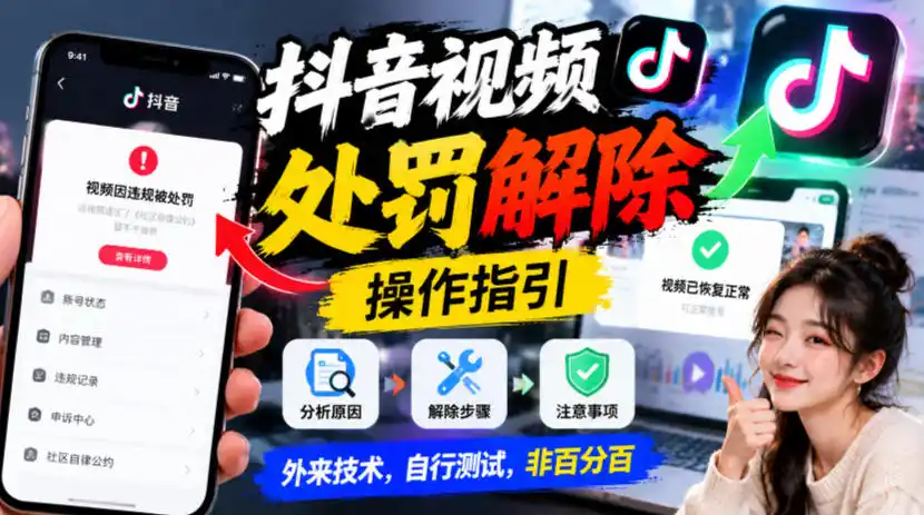 抖音视频处罚解除操作指引，外来技术，自行测试，非百分百-来缘阁