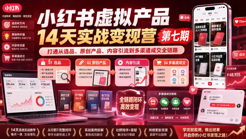 小红书虚拟产品14天实战变现营第七期,打通从选品、原创产品、内容引流到多渠道成交全链路-来缘阁