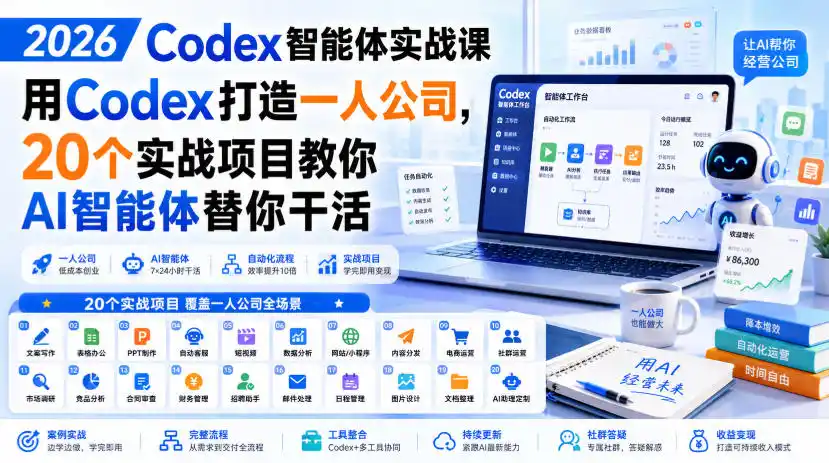 2026 Codex智能体实战课,用Codex打造一人公司,20个实战项目教你AI智能体替你干活-来缘阁