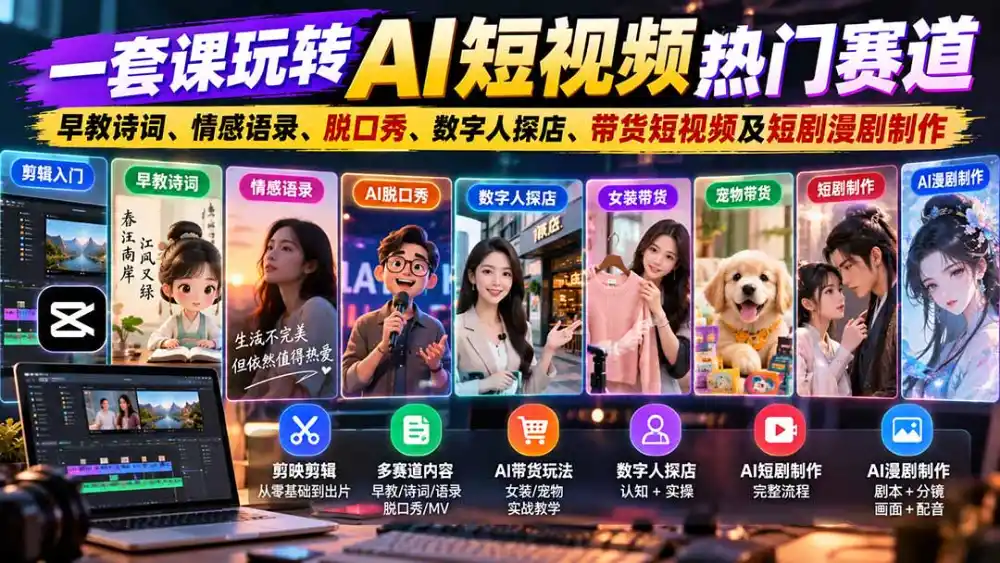 一套课玩转AI短视频热门赛道:早教诗词、情感语录、脱口秀、数字人探店、带货短视频及短剧漫剧制作 复制标题-来缘阁