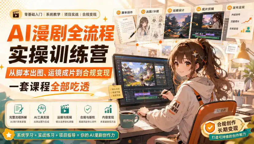 AI漫剧全流程实操训练营，从脚本出图、运镜成片到合规变现，一套课程全部吃透-来缘阁