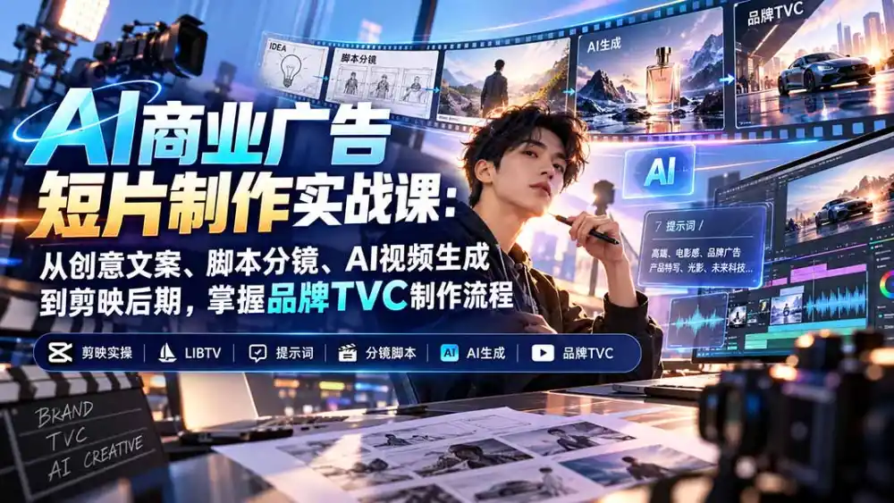 AI商业广告短片制作实战课：从创意文案、脚本分镜、AI视频生成到剪映后期，掌握品牌TVC制作流程-来缘阁