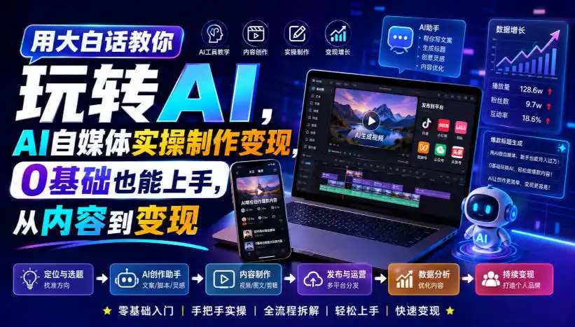 用大白话教你玩转AI，AI自媒体实操制作变现，0基础也能上手，从内容到变现-来缘阁