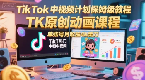 TikTok中视频计划保姆级教程,TK原创动画课程,单账号月收益4k美刀-来缘阁