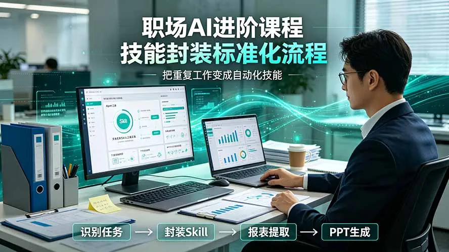 职场AI进阶课程;多类实用Skill工具实操,专属技能封装标准化流程,报表行业报告一键提取核心内容-来缘阁
