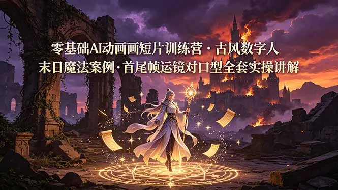 零基础AI动画短片训练营，古风数字人末日魔法案例，首尾帧运镜对口型全套实操讲解-来缘阁