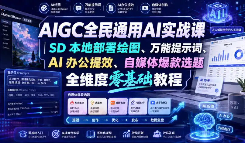 AIGC全民通用AI实战课｜SD本地部署绘图、万能提示词、AI办公提效、自媒体爆款选题全维度零基础教程-来缘阁