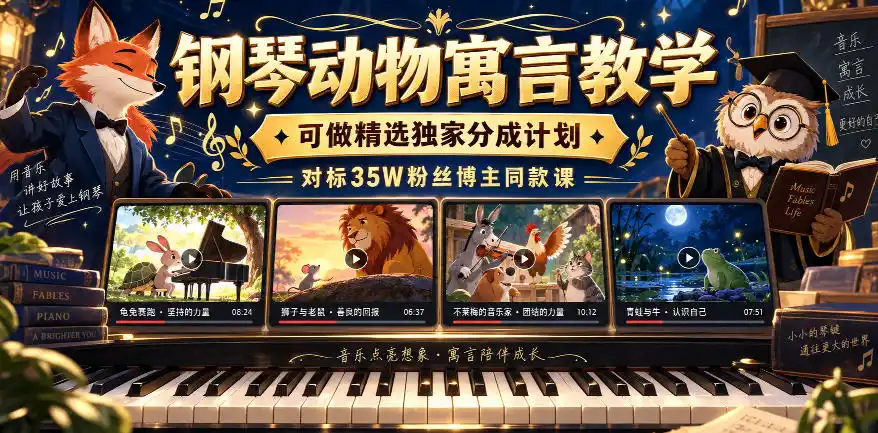 钢琴动物寓言教学，可做精选独家分成计划，对标35W粉丝博主同款课-来缘阁