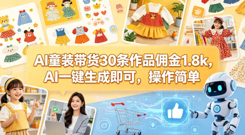 AI童装带货30条作品佣金1.8k，AI一键生成即可，操作简单-来缘阁