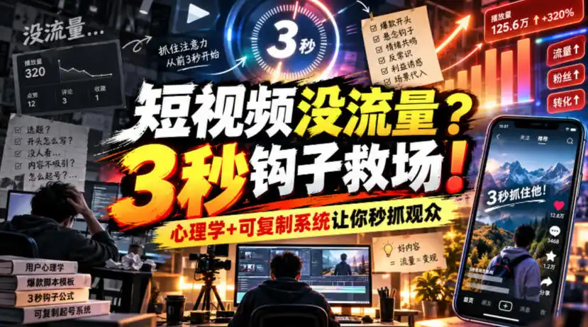 【无水印】短视频没流量?3秒钩子救场!心理学+可复制系统让你秒抓观众【原创双语字幕】-来缘阁