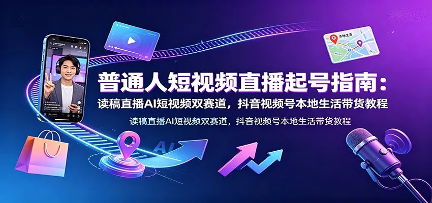 普通人短视频直播起号指南：读稿直播AI短视频双赛道，抖音视频号本地生活带货教程-来缘阁