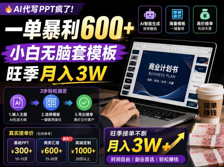 AI代写PPT疯了！一单暴利600+，小白无脑套模板，旺季月入3W，不用苦哈哈引流【揭秘】-来缘阁