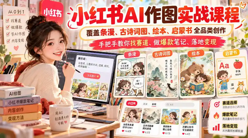 小红书AI作图实战课程,覆盖条漫、古诗词图、绘本、启蒙书全品类创作,手把手教你找赛道、做爆款笔记、落地变现(更新1009)-来缘阁