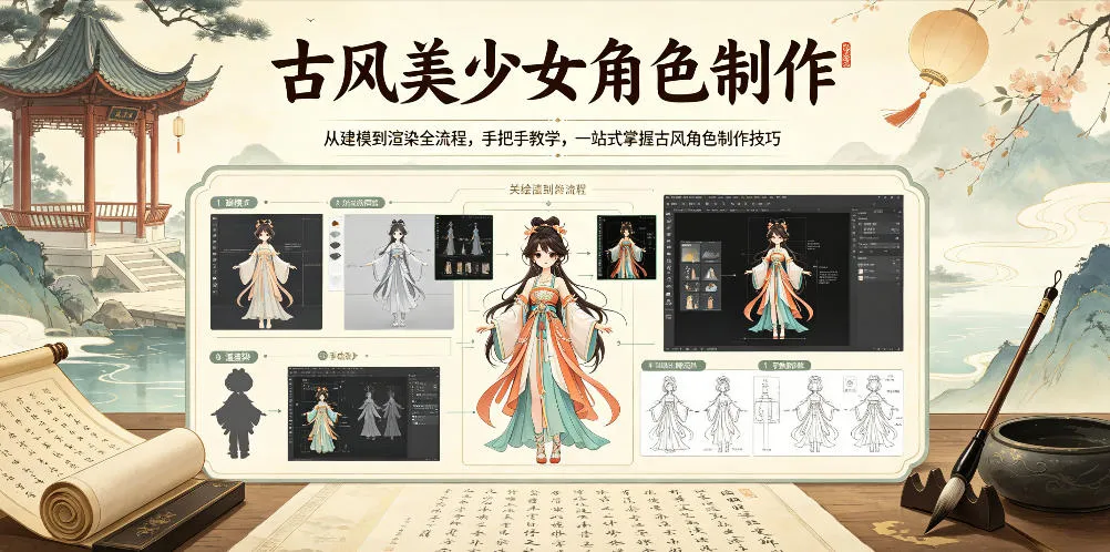 古风美少女角色制作,从建模到渲染全流程,手把手教学,一站式掌握古风角色制作技巧-来缘阁