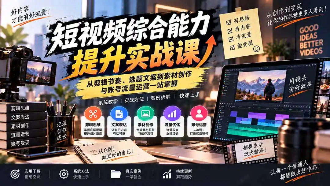 短视频综合能力提升实战课：从剪辑节奏、选题文案到素材创作与账号流量运营一站掌握-来缘阁