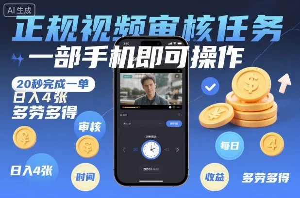 正规视频审核任务，一部手机即可操作，20秒完成一单，日入4张，多劳多得【揭秘】-来缘阁