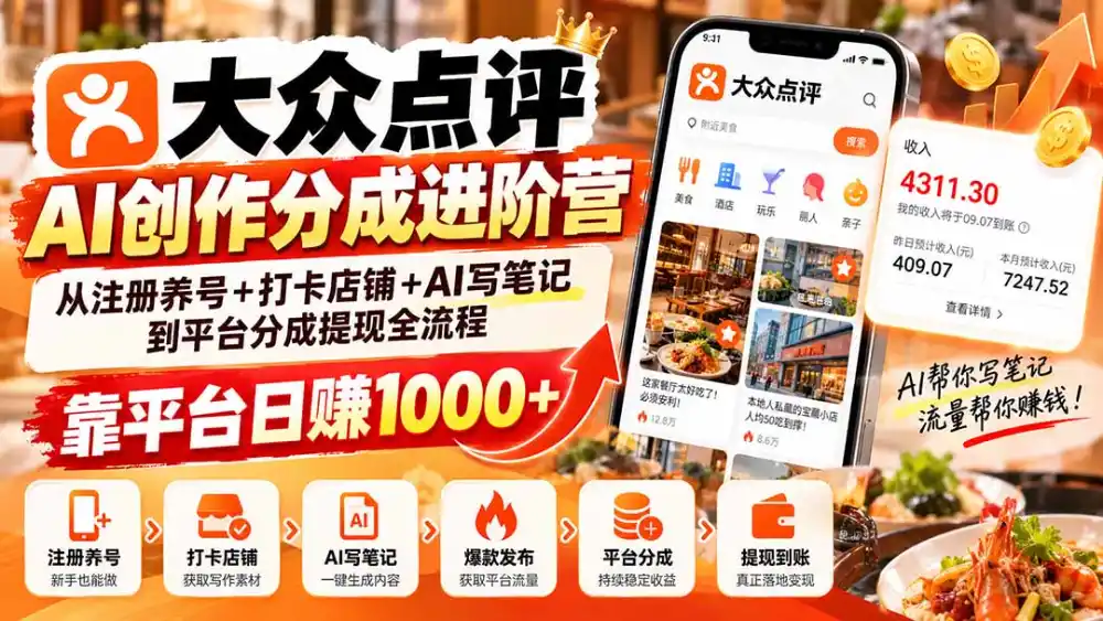大众点评AI创作分成进阶营:从注册养号+打卡店铺+AI写笔记到平台分成提现全流程,靠平台日赚1000+-来缘阁