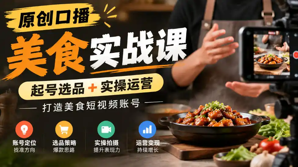原创口播美食实战课，起号选品+实操运营，打造美食短视频账号-来缘阁