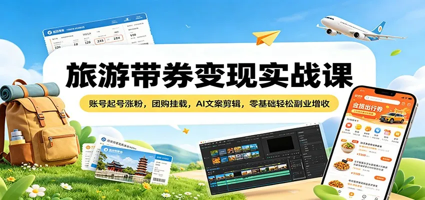 旅游带券变现实战课：账号起号涨粉，团购挂载，AI文案剪辑，零基础轻松副业增收-来缘阁