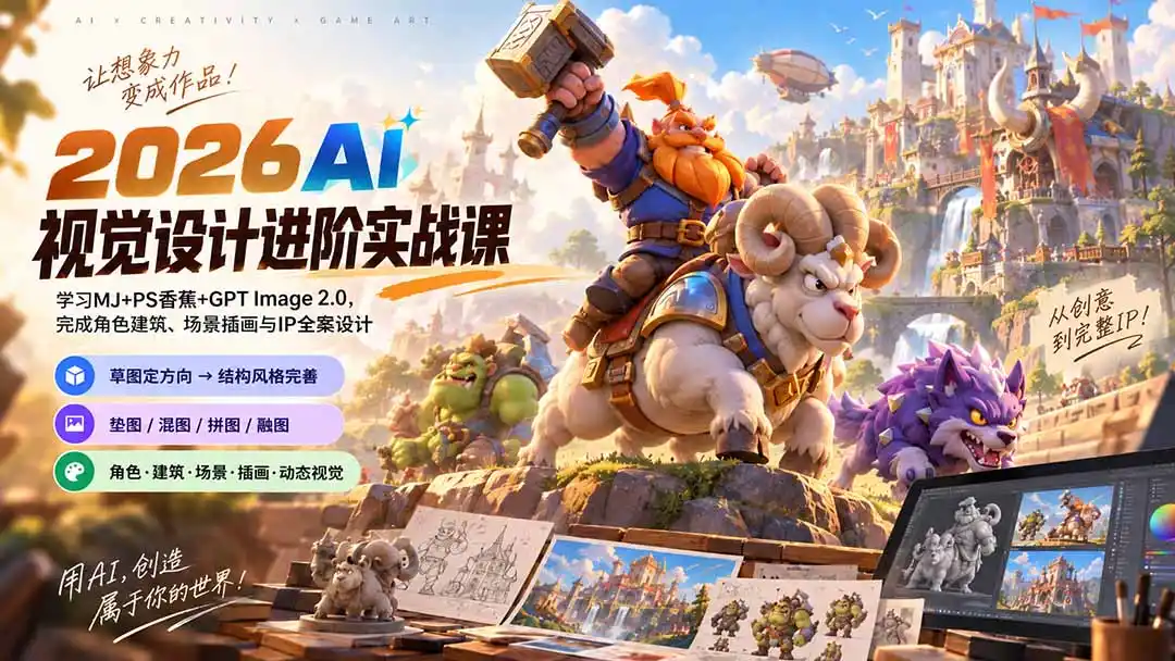 2026AI视觉设计进阶实战课-更新:学习MJ+PS香蕉+GPT Image 2.0,完成角色建筑、场景插画与IP全案设计-来缘阁