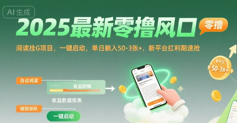 2025最新零撸风口,阅读挂G项目,一键启动,单日躺入 50-3张+,新平台红利期速抢【揭秘】-来缘阁