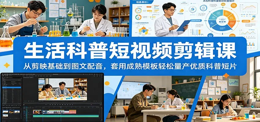 生活科普短视频剪辑课：从剪映基础到图文配音，套用成熟模板轻松量产优质科普短片-来缘阁