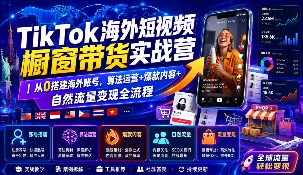 TikTok海外短视频橱窗带货实战营｜从0搭建海外账号，算法运营+爆款内容+自然流量变现全流程-来缘阁
