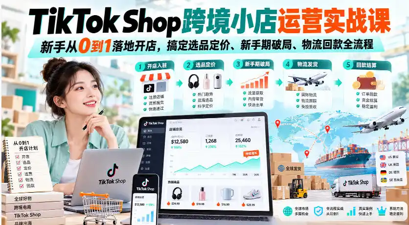 TikTok Shop跨境小店运营实战课,新手从0到1落地开店,搞定选品定价、新手期破局、物流回款全流程-来缘阁