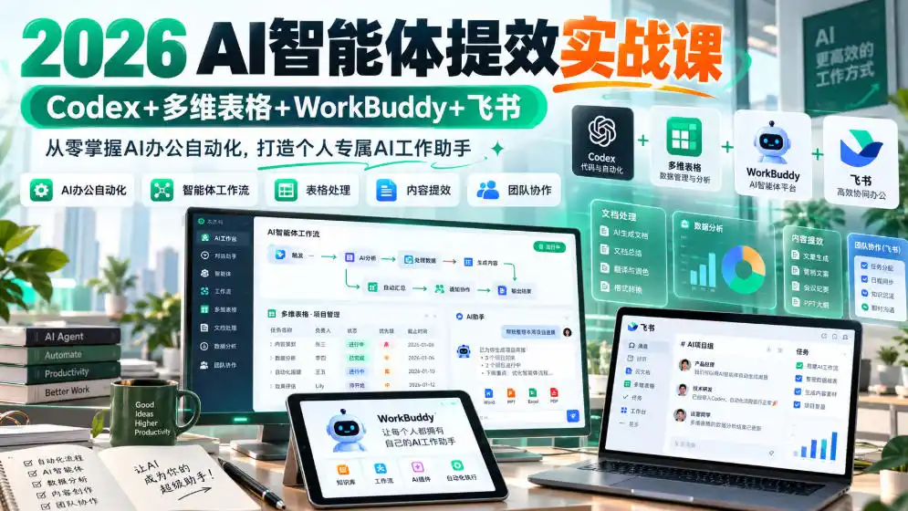 2026 AI智能体提效实战课:Codex+多维表格+WorkBuddy+飞书,从零掌握AI办公自动化,打造个人专属AI工作助手-来缘阁